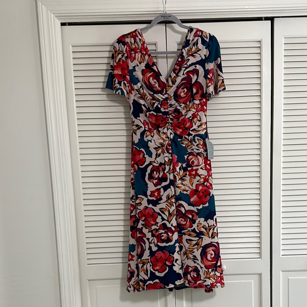 Maggy London Floral Midi Dress - Red, Blue, and Orange